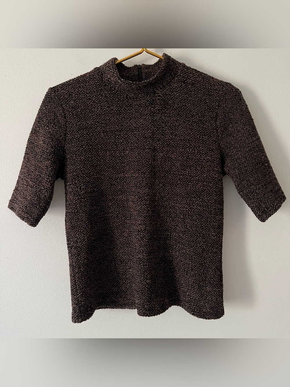 Zara Short-Sleeve Mock Neck Chocolate Brown Marled Textured Knit Fall Top M